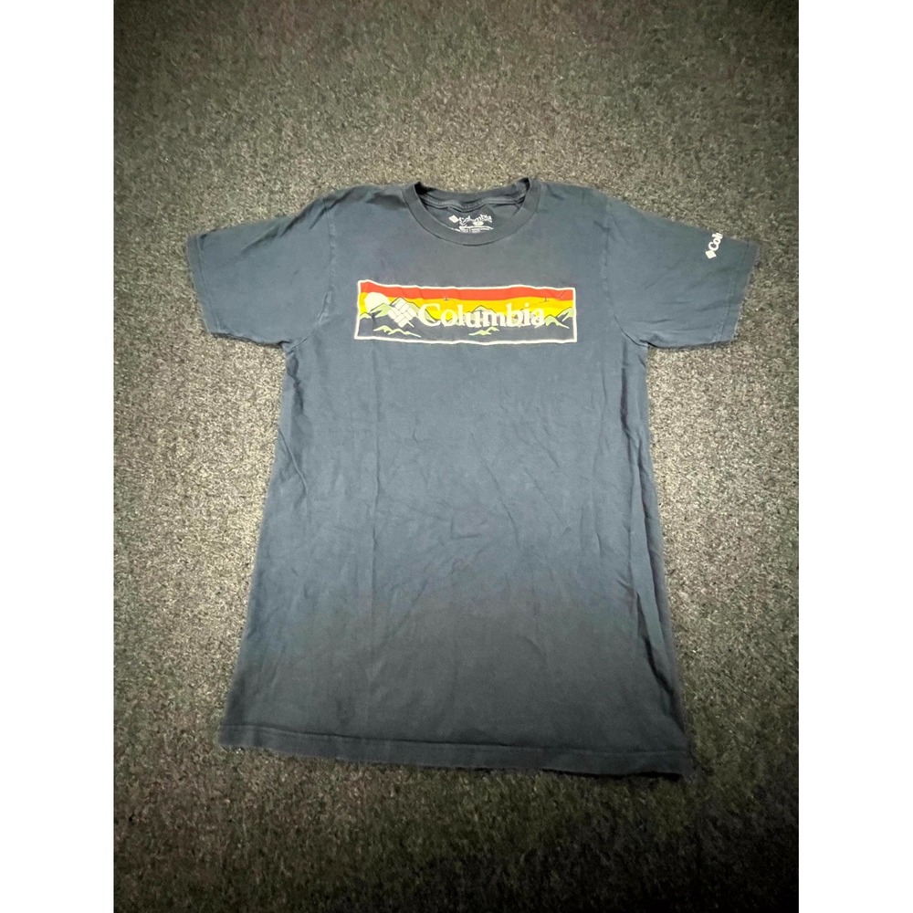 Columbia T-Shirt Women's Small Petite Navy Mountain Logo Graphic Outdoor Tee